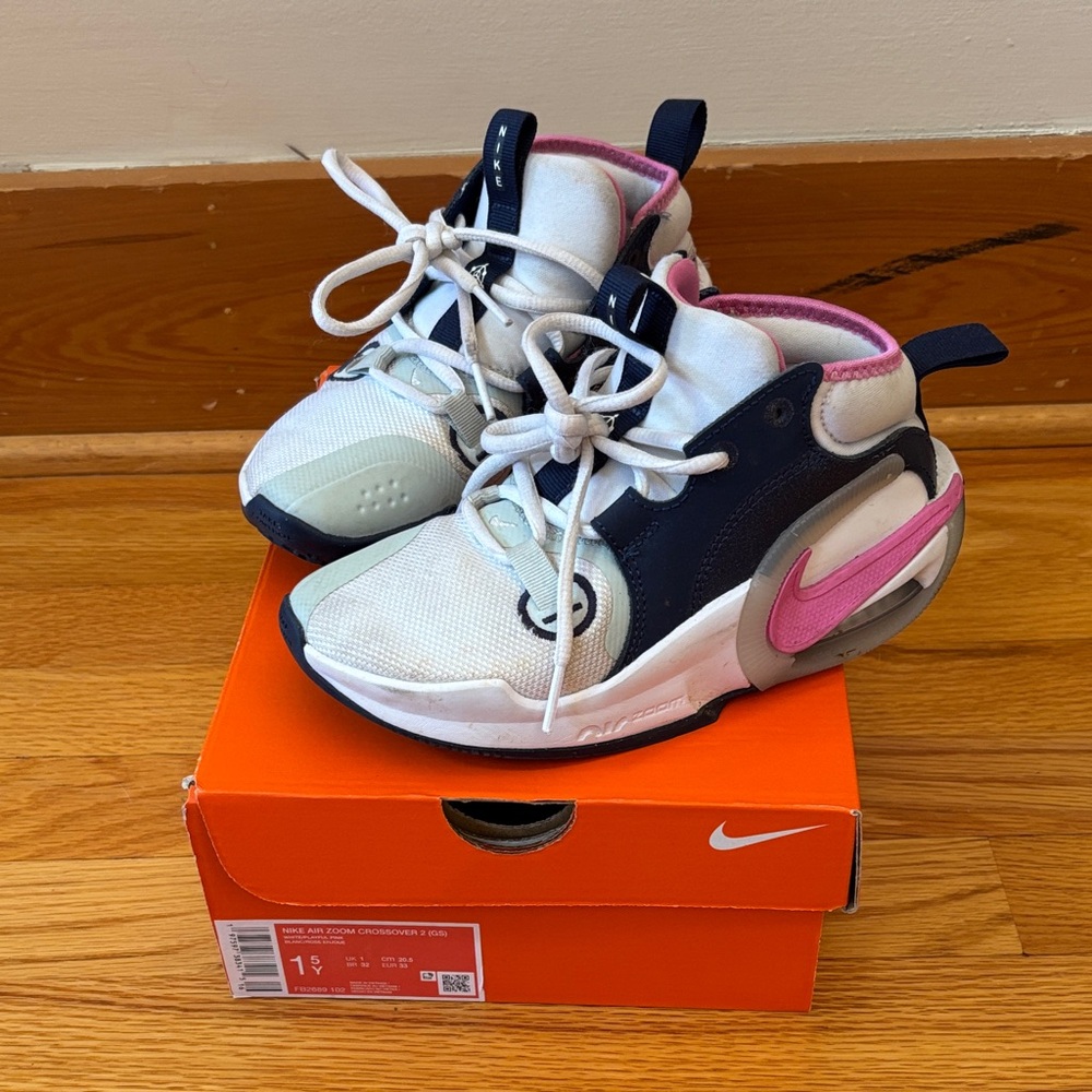 Nike Kids Sneakers - White, Navy, Pink- Air Zoom Crossover Basketball size 1.5